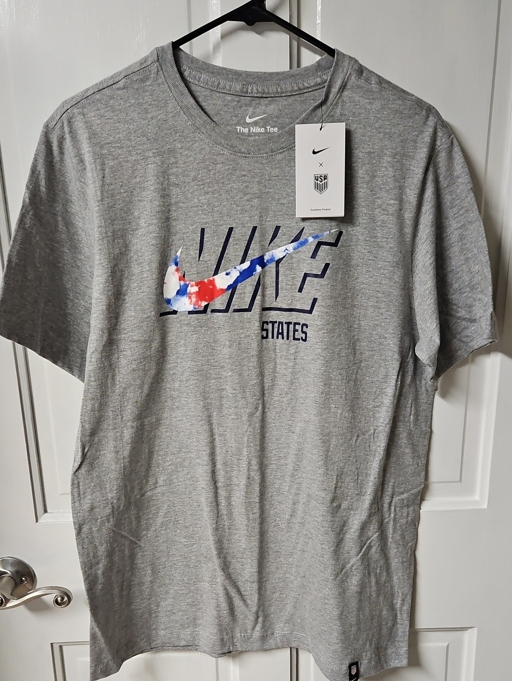 Nike Men's Gray Short Sleeve Logo Tee with Red & Blue Swoosh